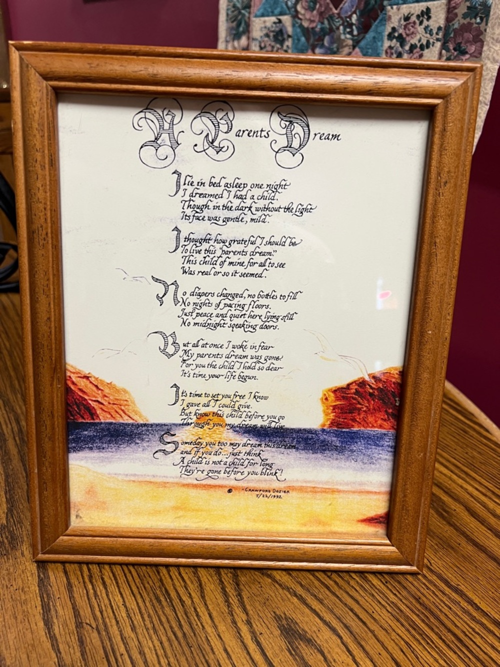 Framed 'Parents Dream' Poem Wall Art in Brown Wood Frame